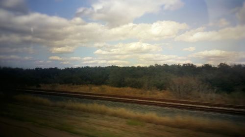 Trees on field against cloudy sky