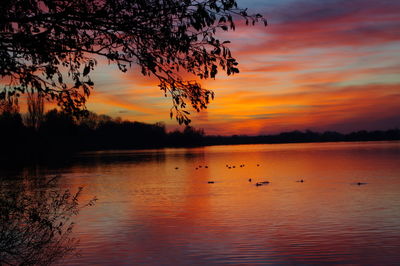 Scenic view of lake against orange sky