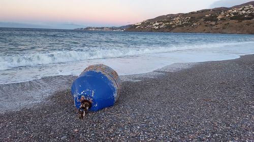 Buoy at beach against sky during sunset