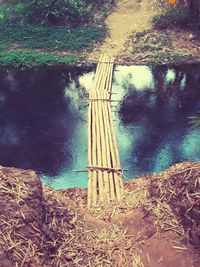 High angle view of dam in lake