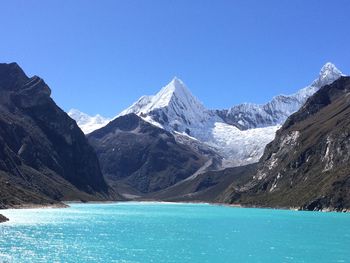 Scenic view of snowcapped mountains against clear blue sky