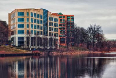 Reflection of building in lake against sky