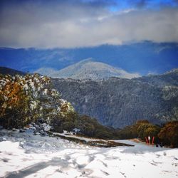 Scenic view of mountains against cloudy sky