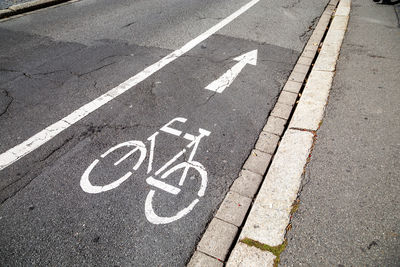 High angle view of sign of bicycle lane on road