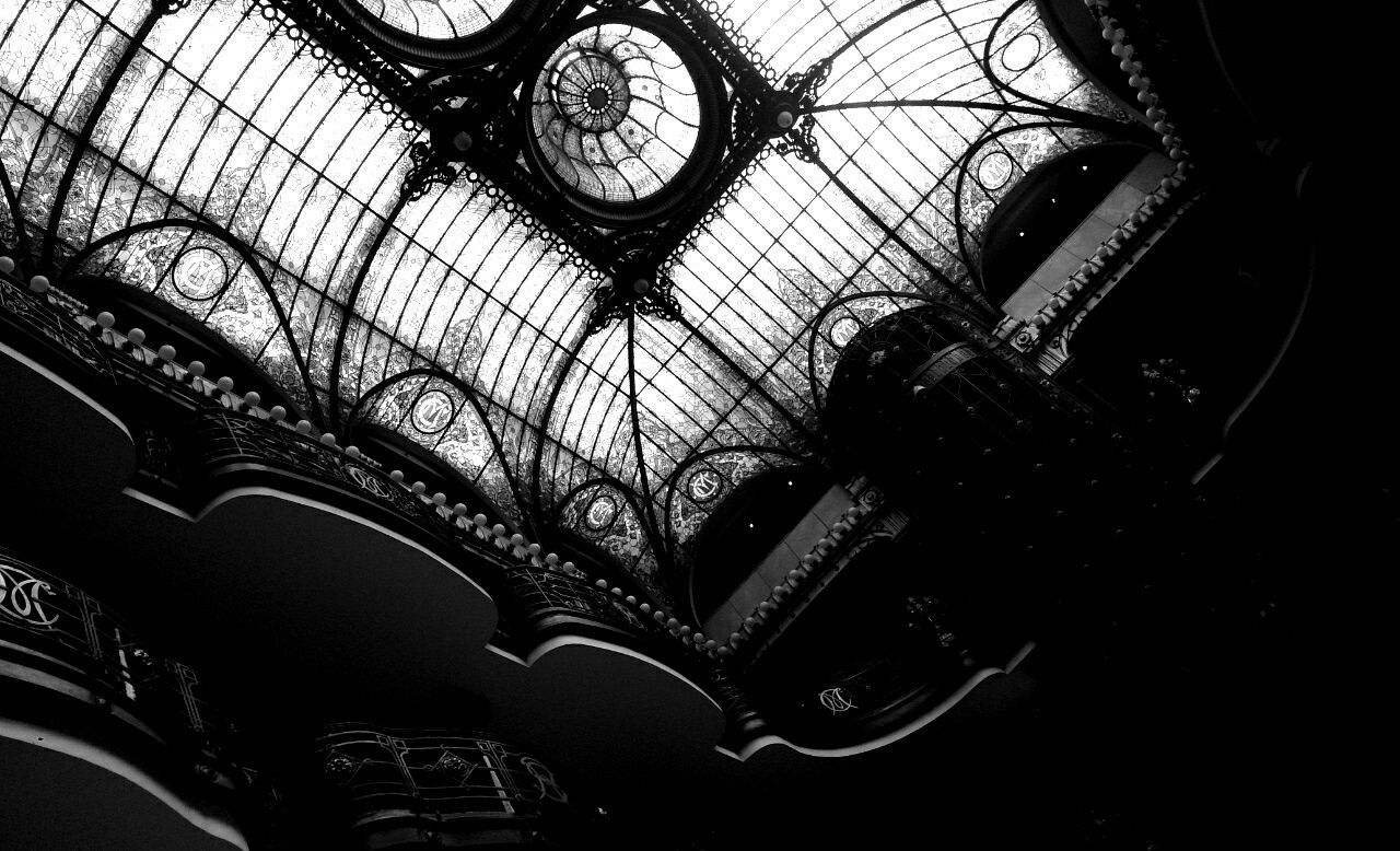 indoors, pattern, architecture, design, low angle view, built structure, window, circle, close-up, time, no people, ornate, clock, metal, day, arch, architectural feature, full frame, glass - material, history