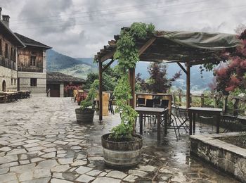 Potted plants on table by building against sky