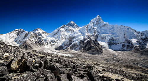 Panoramic view of nuptse and mount everest seen from the khumbu glacier