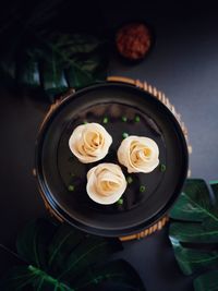 High angle view of roses in container