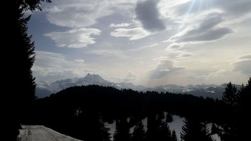 Scenic view of mountains against cloudy sky