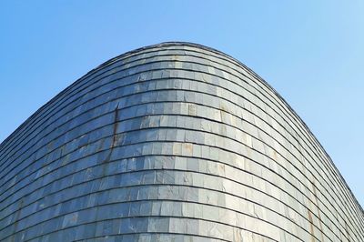 Low angle view of modern building against clear blue sky