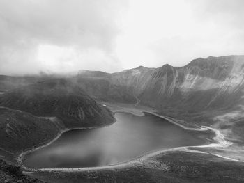 Scenic view of lake against cloudy sky