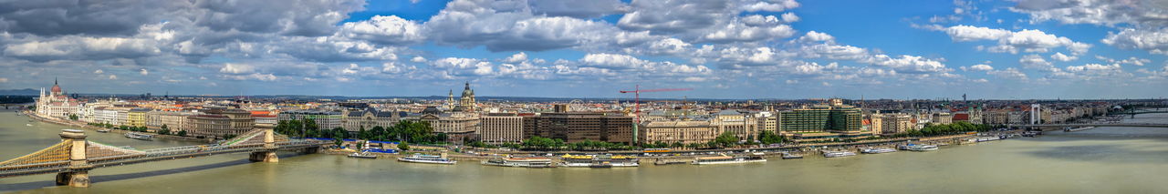 Panoramic view of the danube river and the embankment of budapest, hungary, on a summer morning