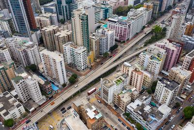 High angle view of street amidst buildings in city