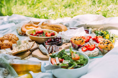 Picnic in the field with berries, juice, cheese, sausage and sweet croissants