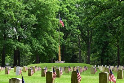 People in cemetery against trees