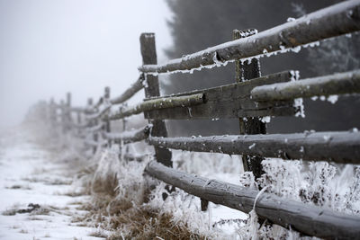 Close-up of icicles on fence covered with snow