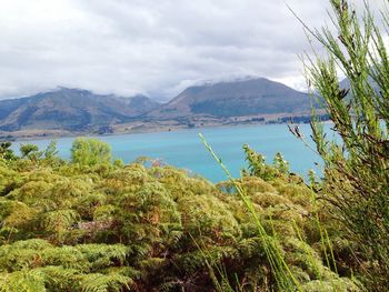 Idyllic shot of lake and mountains against sky