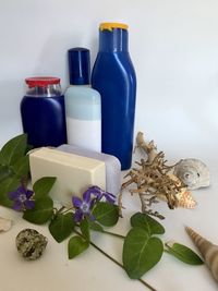 Close-up of purple and white roses on table