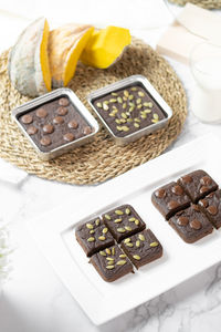 High angle view of dessert in plate on table