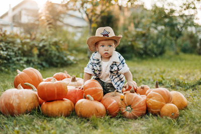 Portrait of a charming baby sitting on pumpkins in the garden or vegetable garden 