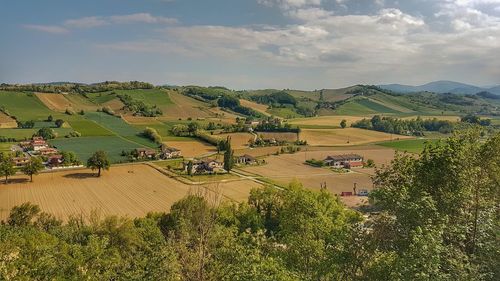 High angle view of field against sky