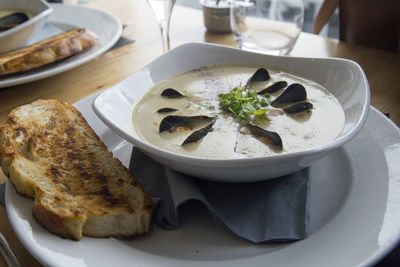 High angle view of food in plate on table