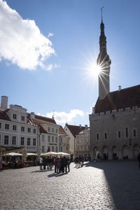 High angle view of buildings in city against sky