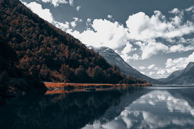 Scenic view of lake and mountains against cloudy sky