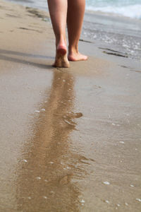 Low section of woman walking on wet beach