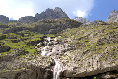 Scenic view of waterfall against sky