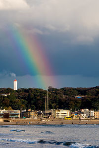 Rainbow over city against sky