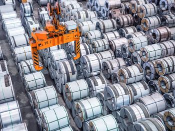 High angle view of huge rolled up cables at industry