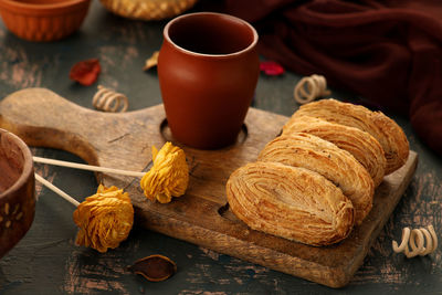 High angle view of breakfast on table