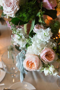 Close-up of flowers decorations on dinning table