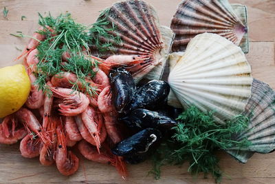 High angle view of seafood on cutting board