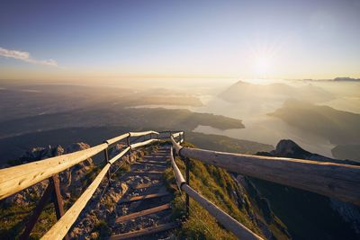 Mountain footpath to mount pilatus against lake lucerne. landscape at beautiful sunrise.