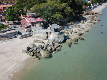 High angle view of rocks on beach