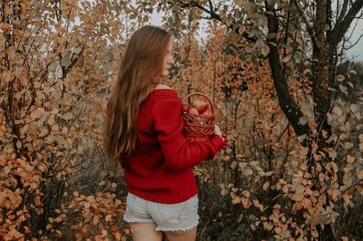 Rear view of woman holding apples in basket while standing against trees during autumn