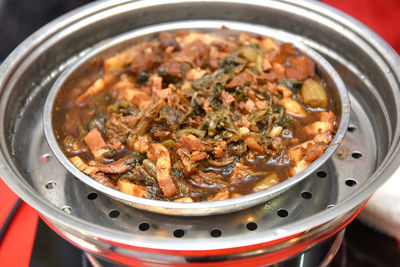 High angle view of meat in cooking pan