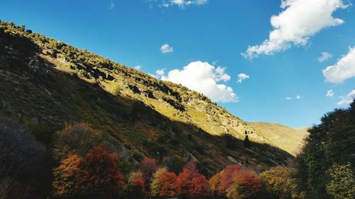 Low angle view of mountain range against blue sky