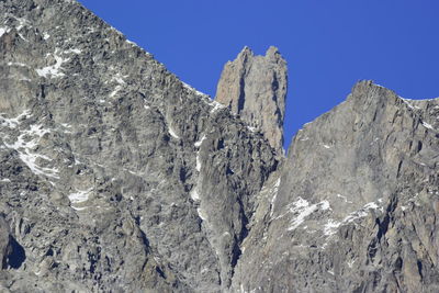 Low angle view of rocky mountains against clear sky