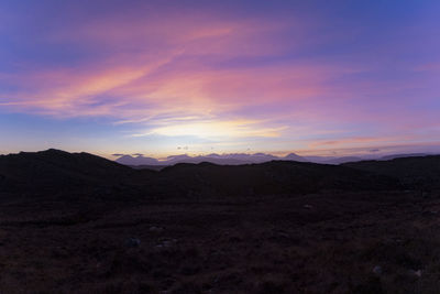 Scenic view of silhouette mountains against sky during sunset