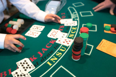 High angle view of man playing poker