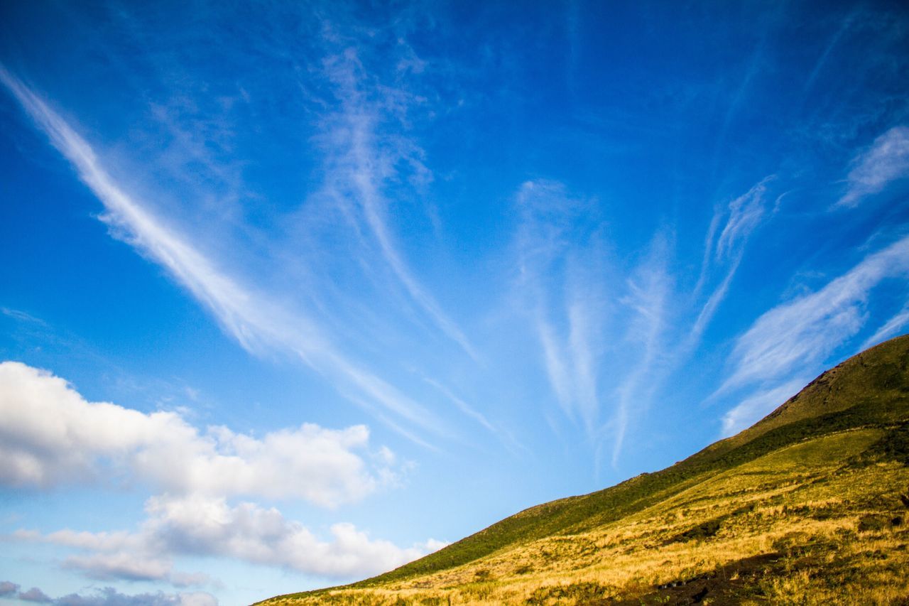 sky, blue, low angle view, nature, cloud - sky, beauty in nature, scenics, vapor trail, outdoors, tree, no people, day, astronomy