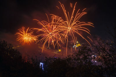 Low angle view of firework display at night