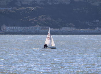 Sailboat sailing on sea against sky