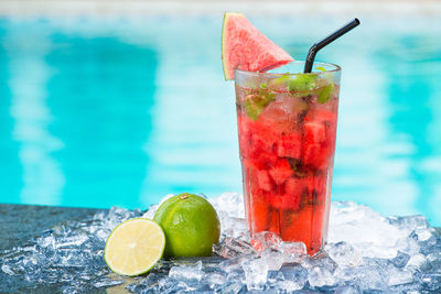 Close-up of drink with ice cream in swimming pool