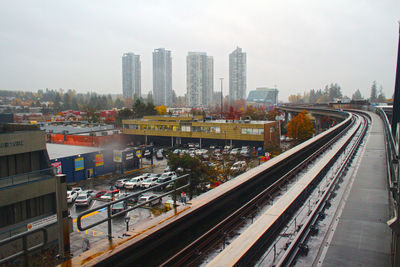 Railroad tracks in city against clear sky