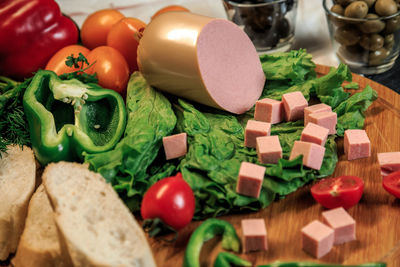 High angle view of chopped vegetables on table