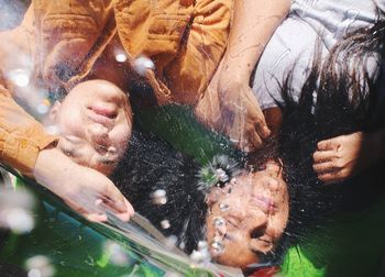 High angle view of women seen through plastic